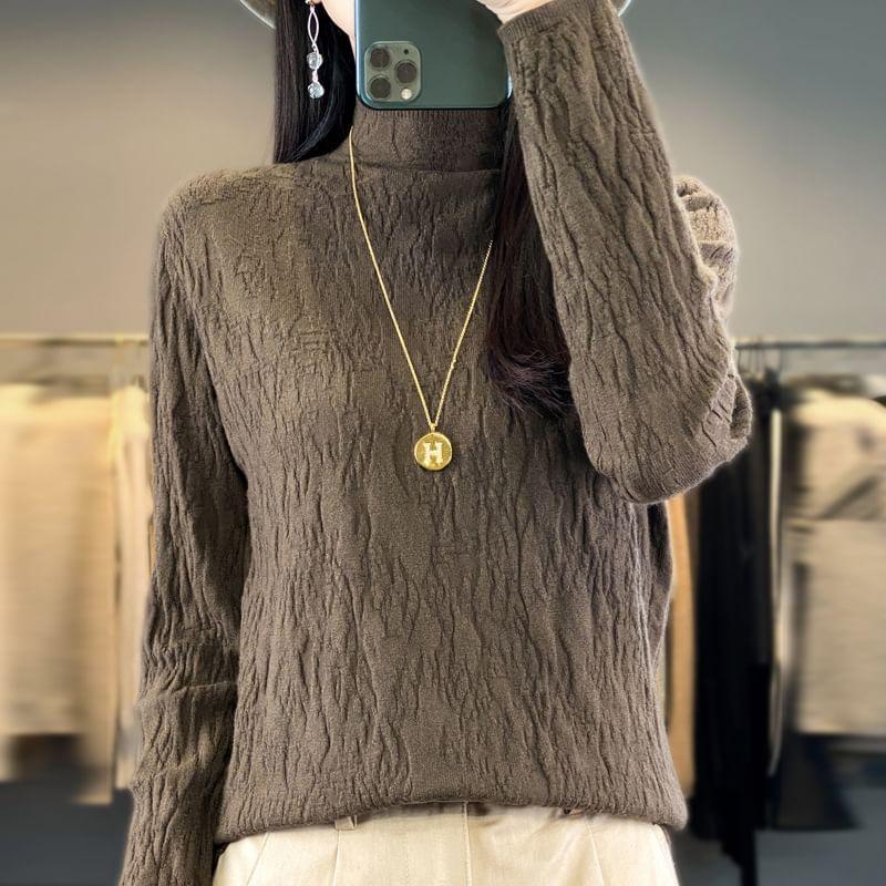 Long-Sleeve Mock Neck Plain Knit Top Product Image