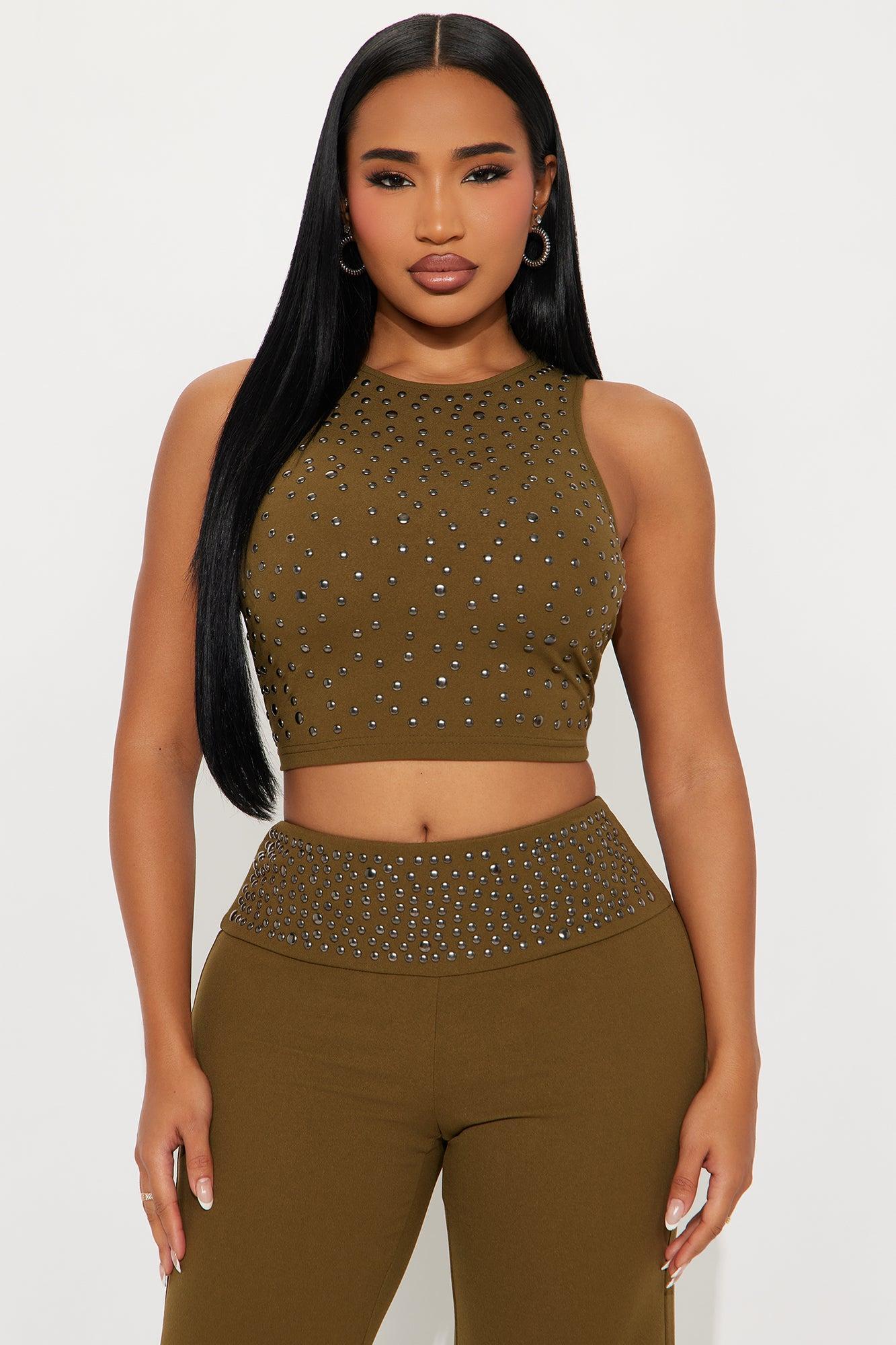 Into The Night Studded Pant Set - Olive Female Product Image