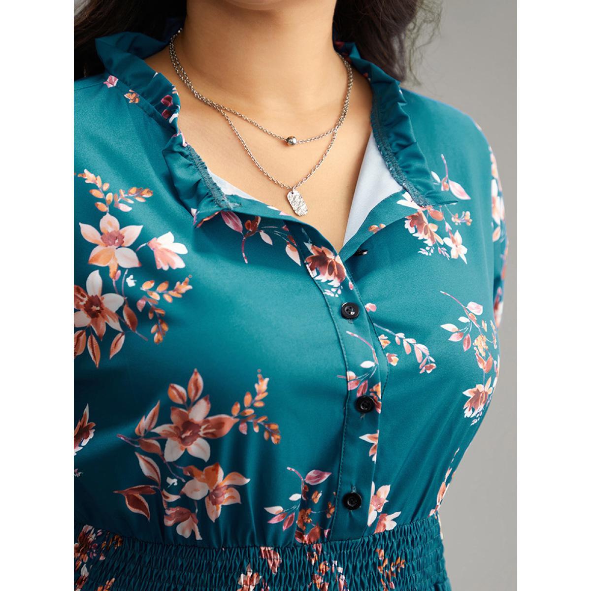 Plus Size Floral Shirred Button Up Frill Trim Dress Aegean Women At the Office Elastic cuffs Stand-up collar Long Sleeve Curvy Midi Dress BloomChic 30/6X Product Image