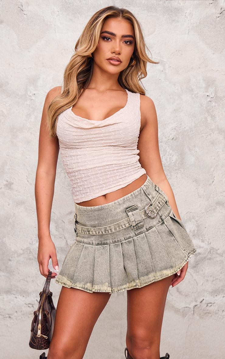 Khaki Washed Twill Belt Detail Pleated Mini Skirt Product Image