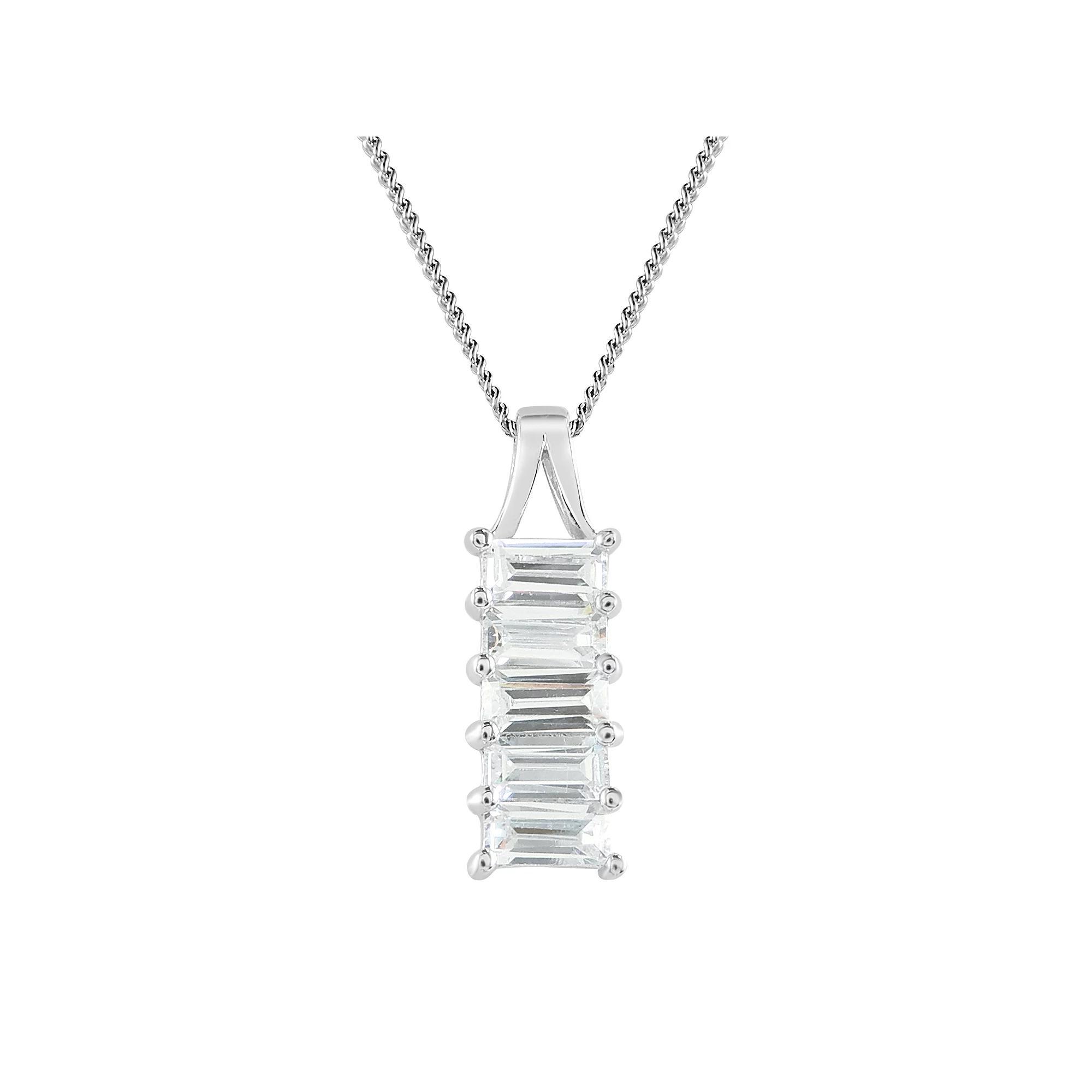 SIRI Sterling Silver Rhodium-Plated Baguette Bar Pendant with White Cubic Zirconia and 18" Chain, Women's Product Image