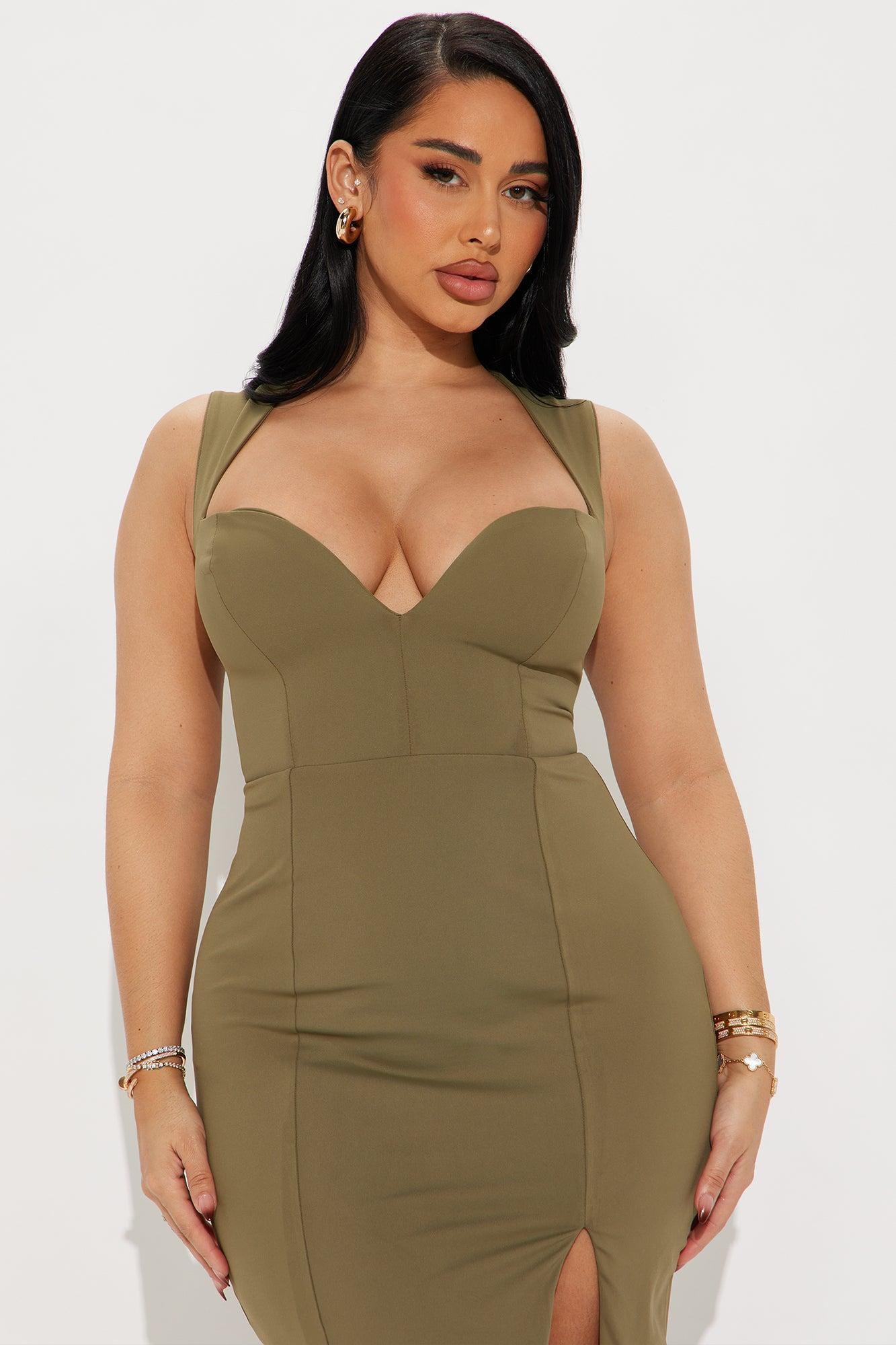Amma Sculpt VNeck Midi Dress - Olive Product Image