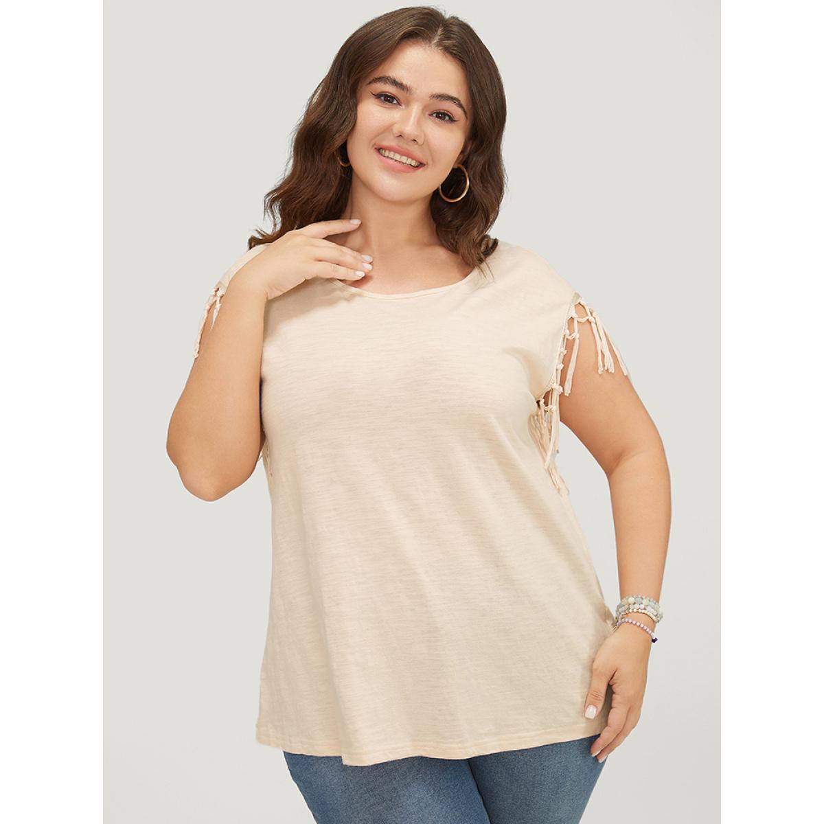 Plus Size Solid Fringe Trim Batwing Sleeve T-shirt Beige Women Elegant Tassels Plain Round Neck Dailywear T-shirts BloomChic 22-24/3X Product Image