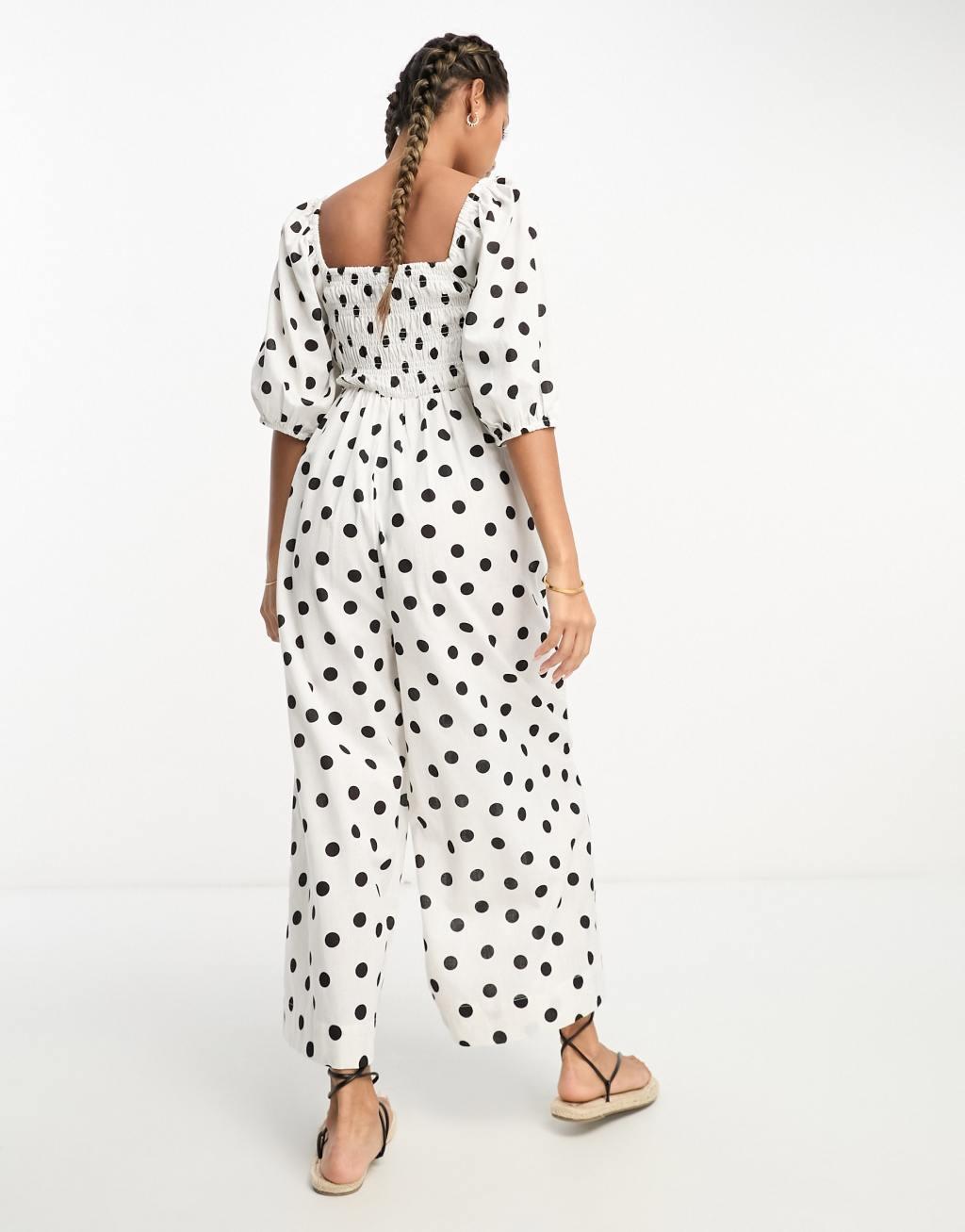 ASOS DESIGN linen look shirred puff sleeve jumpsuit Product Image