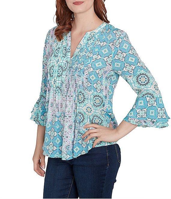 Ruby Rd. Silky Pleated Tile Patchwork Print Split V-Neck 3/4 Ruffle Sleeve Top Product Image