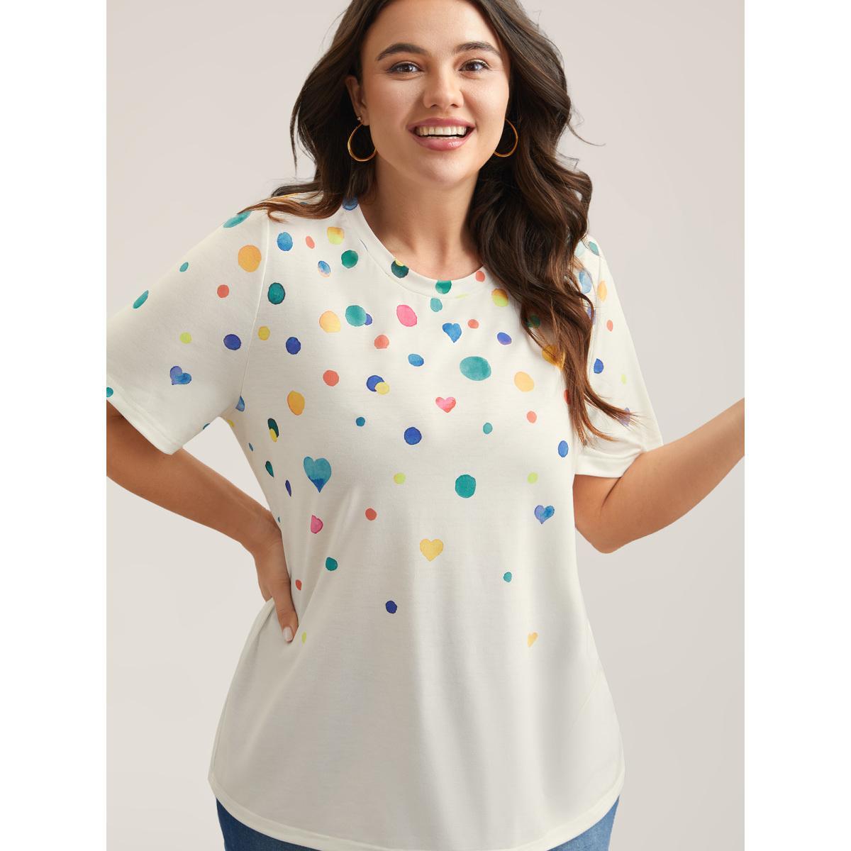 Plus Size Geometric Print Crew Neck Fitted T-Shirt Multicolor Women Playful Non Round Neck Casual T-shirts BloomChic 10/M Product Image