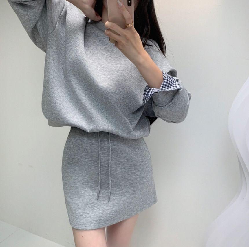 Set: Round Neck Plaid Panel Pullover + Drawstring Waist Mini Pencil Skirt Product Image