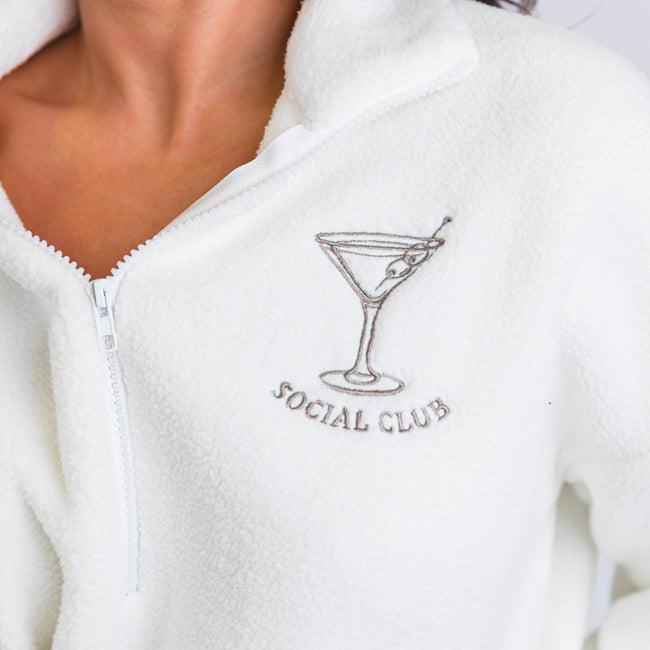 After Hours Ivory and Taupe Social Club Martini Embroidered Fleece Pullover FINAL SALE Product Image