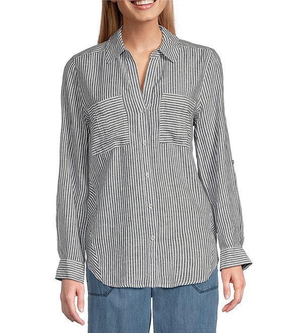 Westbound 3/4 Roll-Tab Sleeve Point Collar Y-Neck Button Front Top Product Image