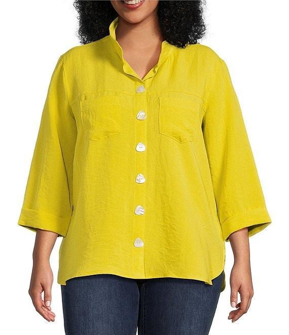 John Mark Plus Size Solid Woven Wire Collared Button Front 3/4 Sleeve Camp Shirt Product Image