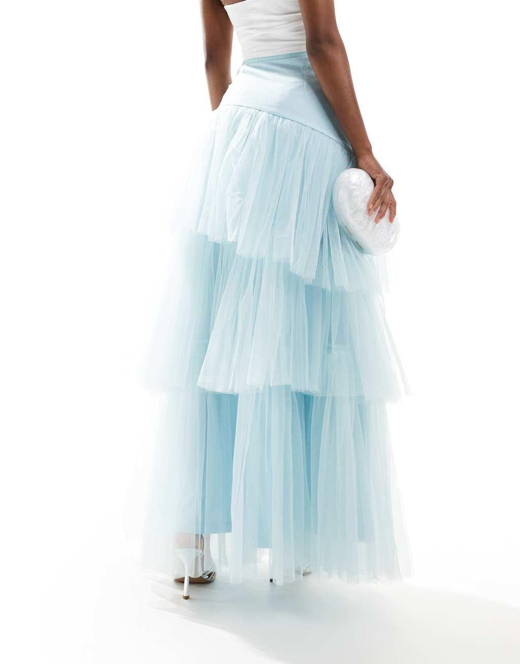 Lace & Beads asymmetric tulle maxi skirt in sky blue Product Image