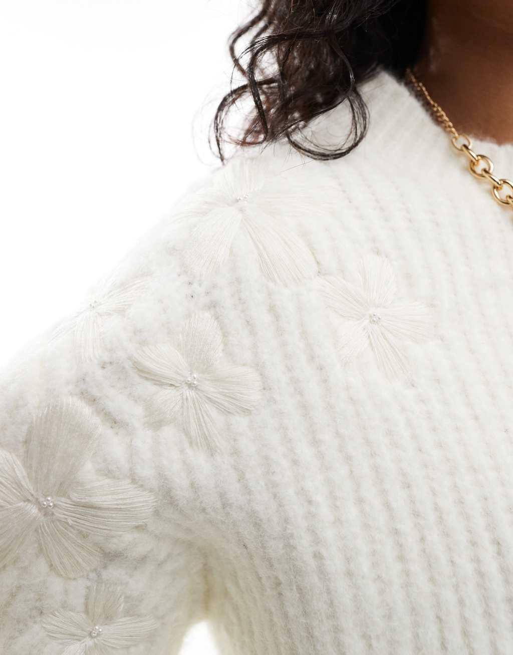 Miss Selfridge flower embroidered sweater in cream Product Image