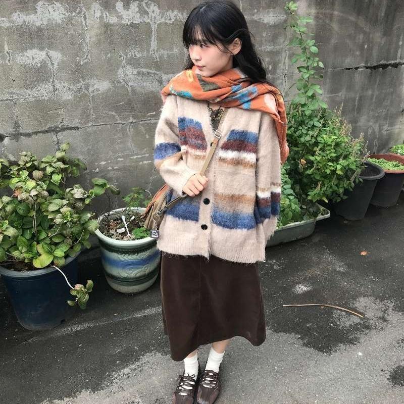 Long Sleeve V-Neck Color Block Stripe Oversized Cardigan Product Image