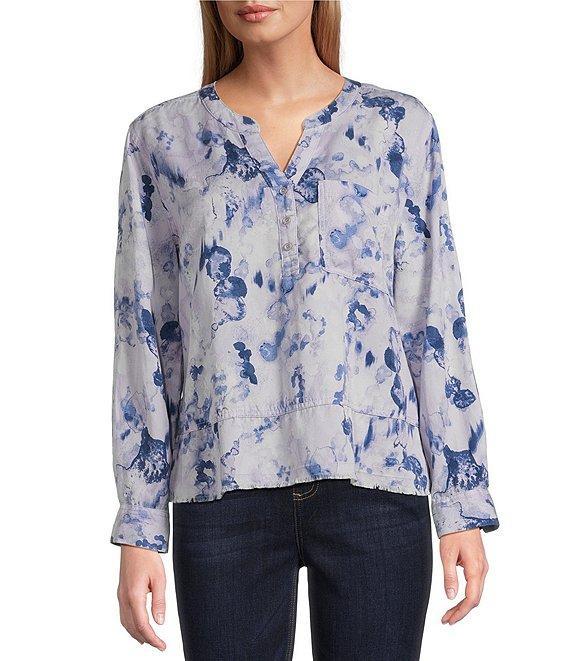 Westbound Woven Layered Splatter Long Roll-Tab Sleeve Henley Patch Pocket Top Product Image