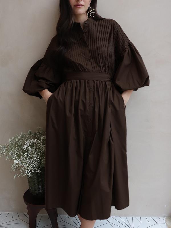 Half Sleeves Loose Buttoned Pleated Solid Color Tied Waist Stand Collar Maxi Dresses Product Image