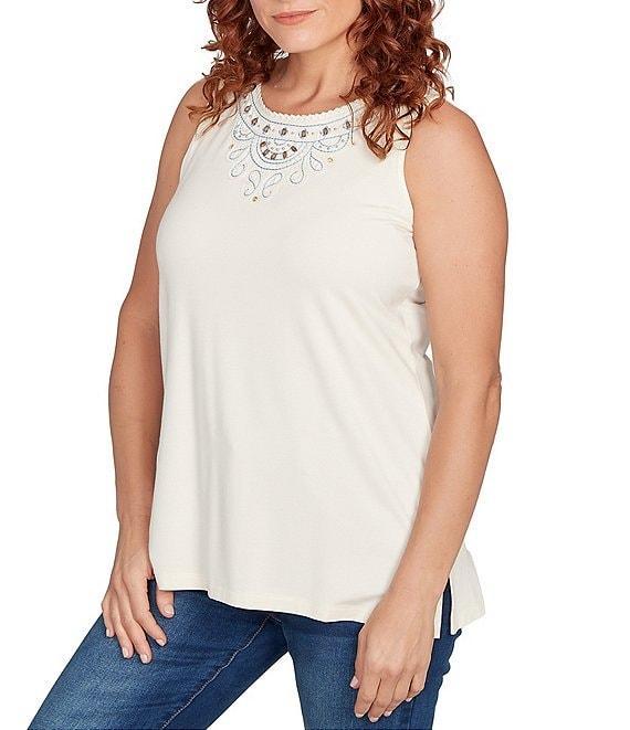 Ruby Rd. Embroidered Soft Jersey Knit Embellished Crew Neck Sleeveless Top Product Image
