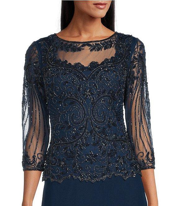 Pisarro Nights Beaded Illusion Boat Neck 3/4 Sleeve A-Line Dress Product Image