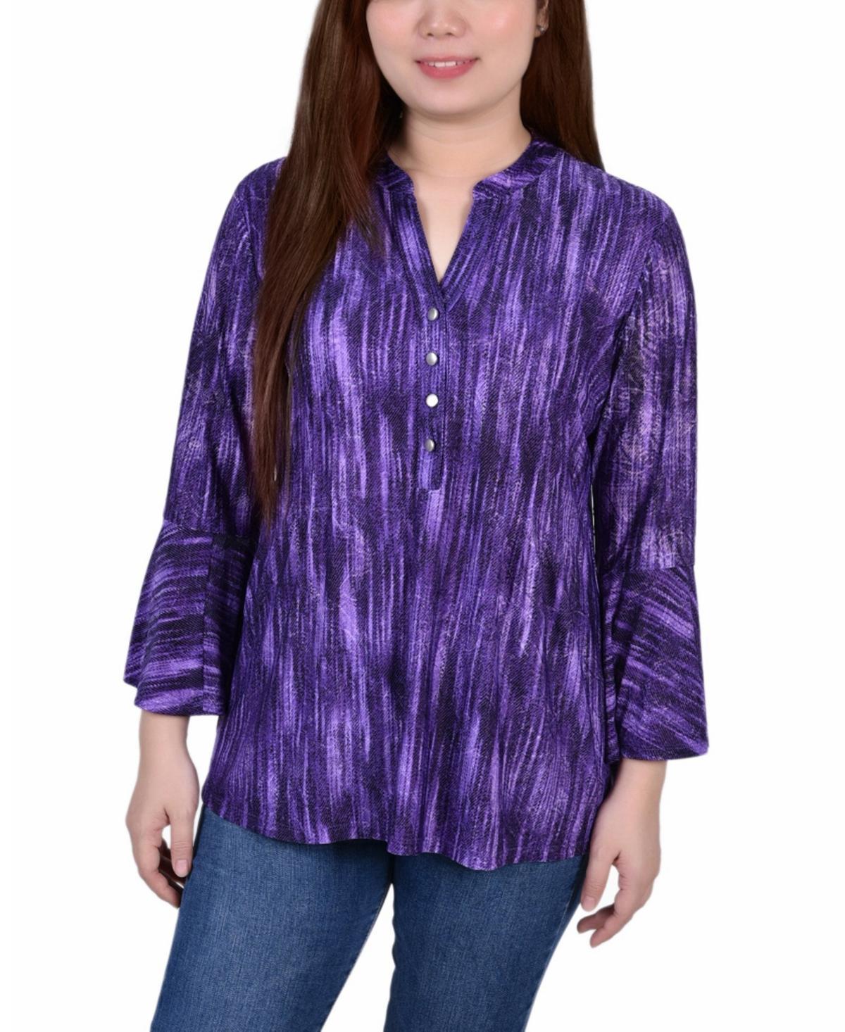 Womens 3/4 Bell Sleeve Pleat Front Y-neck Top Product Image