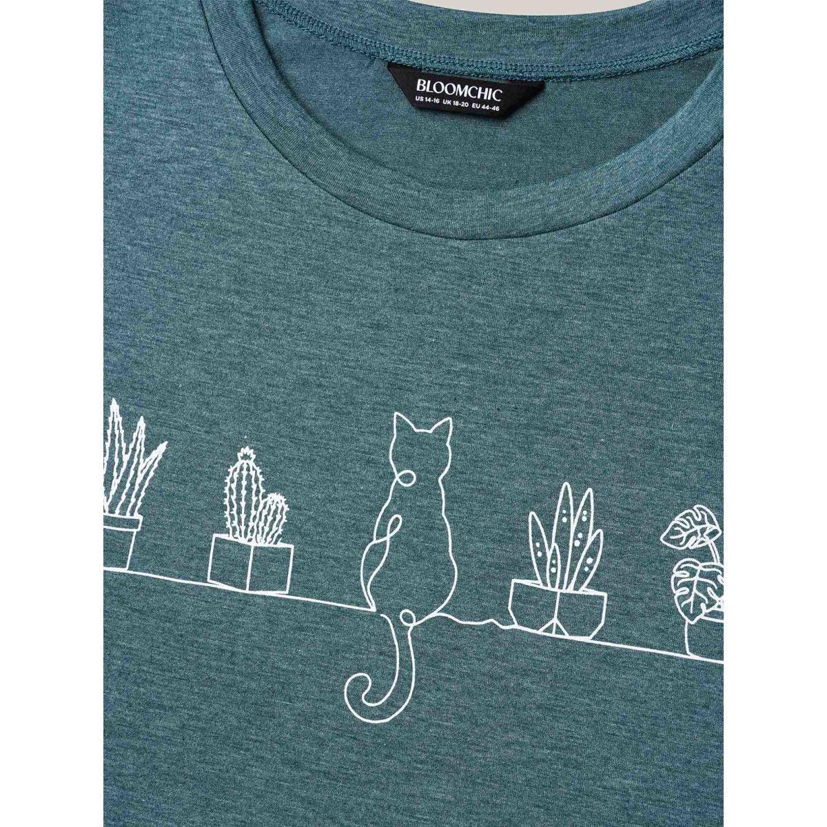 Plus Size Cat Print Crew Neck Stretchy T-Shirt DarkGreen Women Leisure Non Art&design Round Neck Casual T-shirts BloomChic 14-16/1X Product Image
