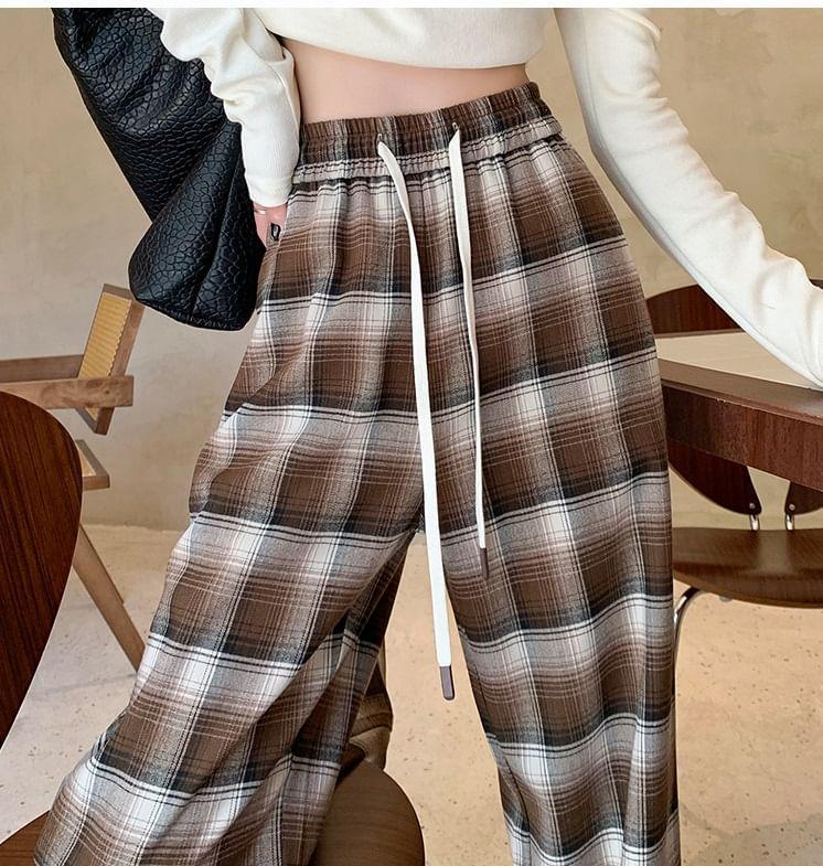 Drawstring Waist Plaid Wide Leg Pants Product Image