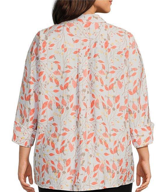 Multiples Plus Size Woven Leaf Print Point Collar 3/4 Turn-Up Sleeve Button Front Fitted Shirt Product Image