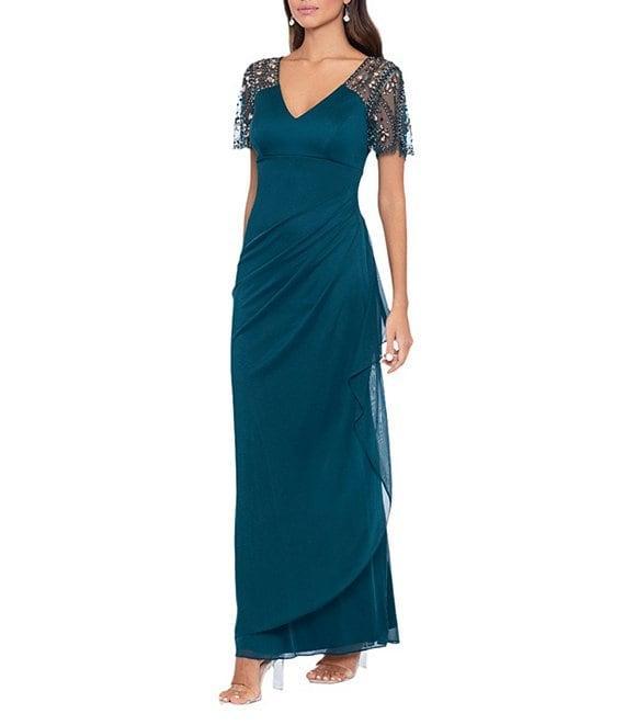 Xscape Short Beaded Sheer Flutter Sleeve Cascading Draped Waist V-Neck Beaded Gown Product Image