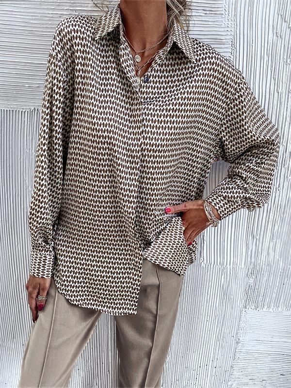 Long Sleeves Loose Buttoned Pleated Printed Lapel Blouses&Shirts Tops Product Image