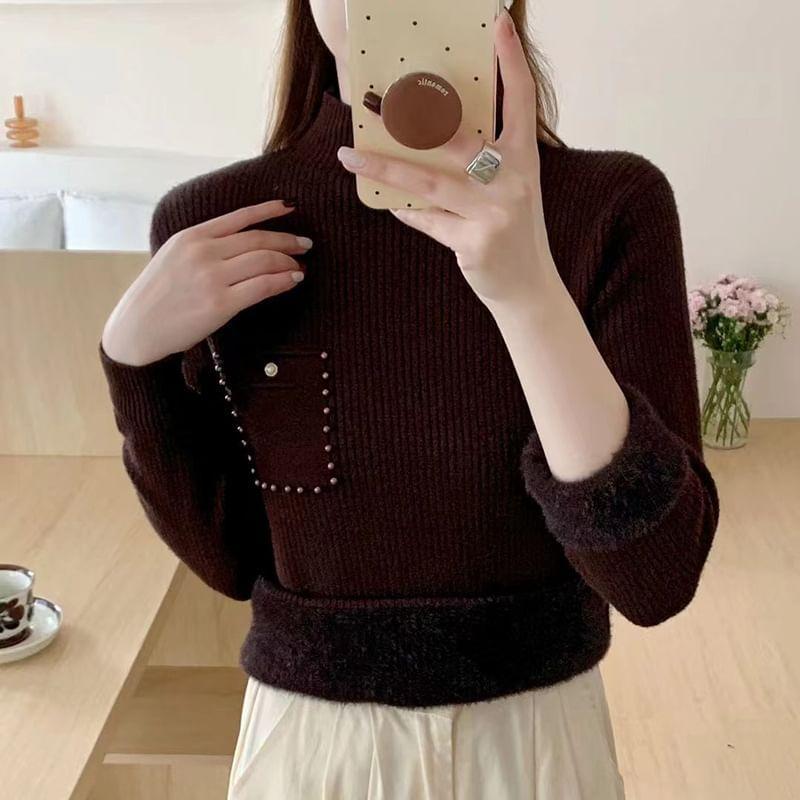 Mock Neck Plain Faux Pearl Detail Sweater Product Image