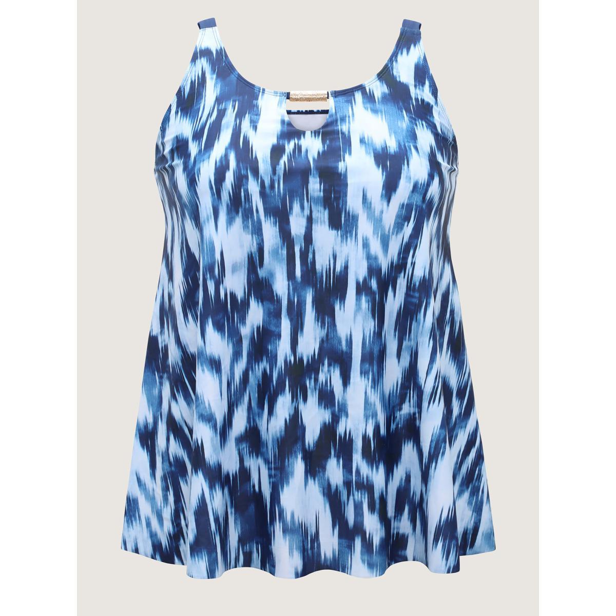 Plus Size Tie-Dye Like Neck Cut-Out Swim Top Women's Swimwear Indigo Resort High stretch Bodycon U-neck Curve Swim Tops BloomChic 12/L Product Image