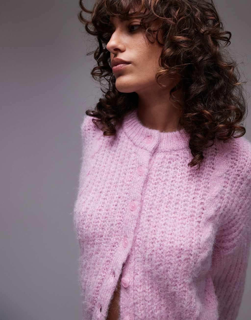 Topshop knit cropped fluffy cable cardigan in pink Product Image