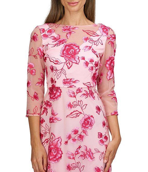 JS Collections Nadine Illusion V-Neck 3/4 Sleeves Floral Embroidered Mesh A-Line Tea Length Dress Product Image