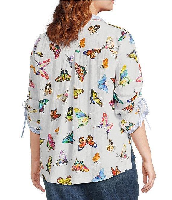 John Mark Plus Size Woven Butterfly Print Wire Collar 3/4 Cinch Tie Sleeve Button Front Blouse Product Image