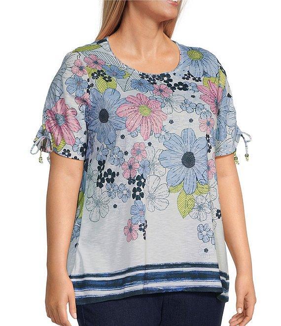 Allison Daley Plus Size Daisy Cascade Border Print Short Ruched Tie Sleeve Crew Neck Knit Top Product Image