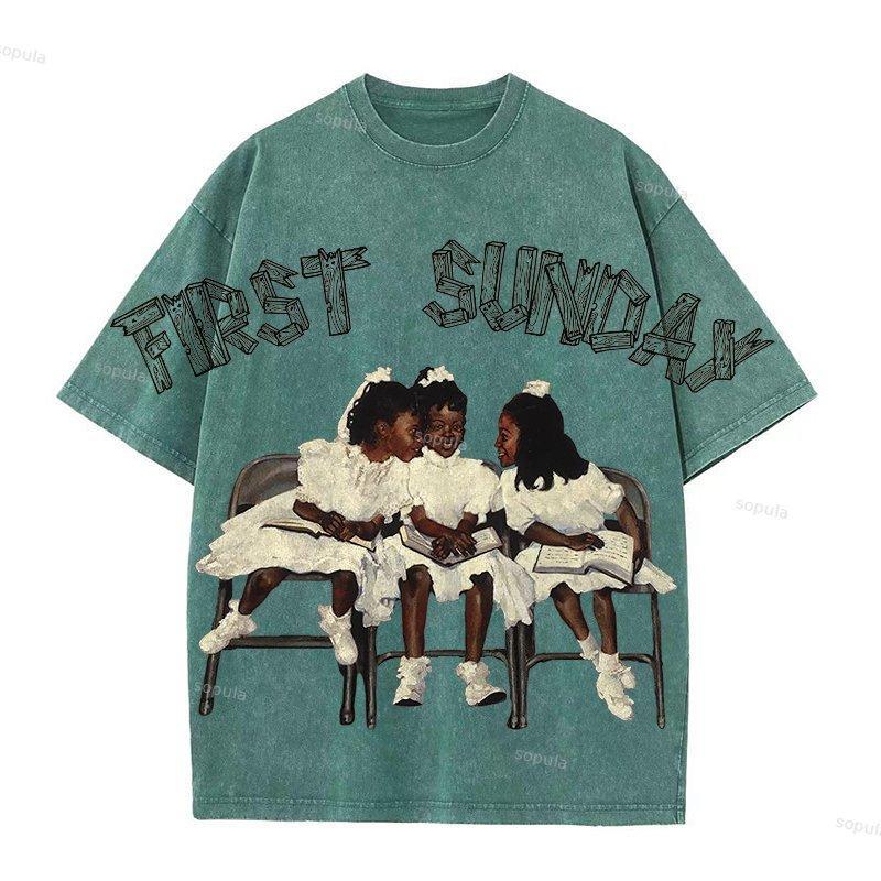 First Sunday Retro Graphic Print Acid Washed T-Shirt Product Image