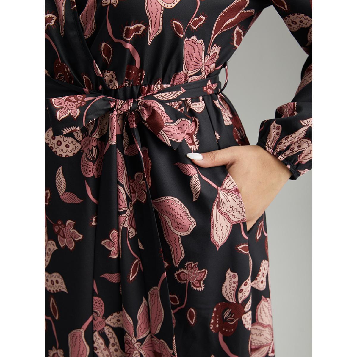 Plus Size Floral Lantern Sleeve Belted Overlap Collar Dress Black Women Elegant Elastic cuffs Overlap Collar Long Sleeve Curvy Midi Dress BloomChic 22-24/3X Product Image
