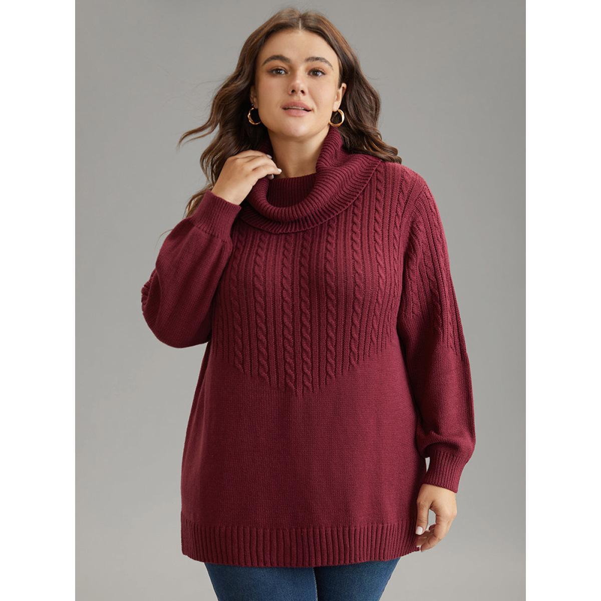 Plus Size Anti-Pilling Cable Knit Turtle Neck Patchwork Pullover Burgundy Women Casual Loose Long Sleeve Turtleneck Dailywear Pullovers BloomChic 10/M Product Image