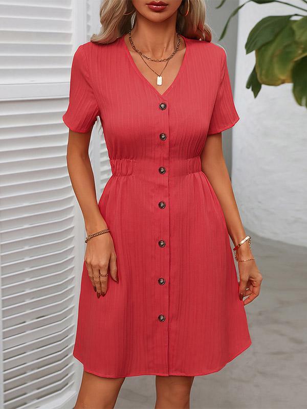 A-Line Loose Buttoned Elasticity Solid Color V-Neck Mini Dresses Product Image