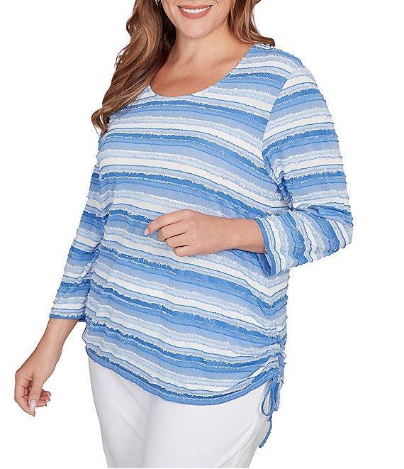 Ruby Rd. Plus Size Yarn-Dyed Eyelash Stripe Scoop Neck 3/4 Sleeve Adjustable Side Ties Top Product Image