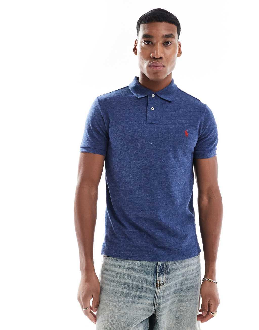 Polo Ralph Lauren icon logo slim fit pique polo in blue heather Product Image