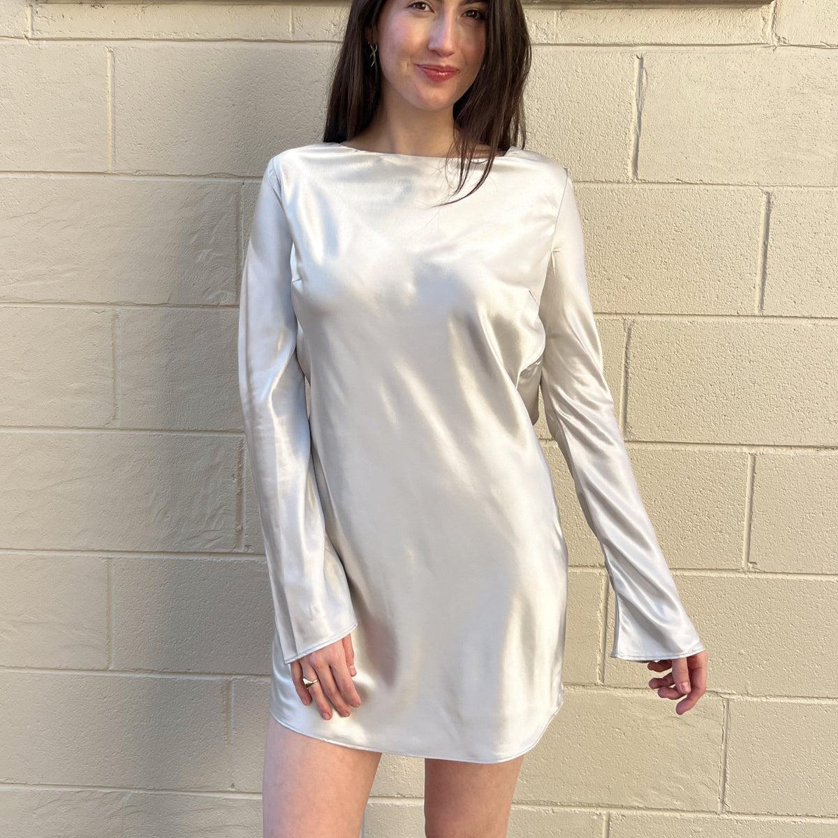 Kim Open Back Long Sleeve Mini Dress - Silver Product Image