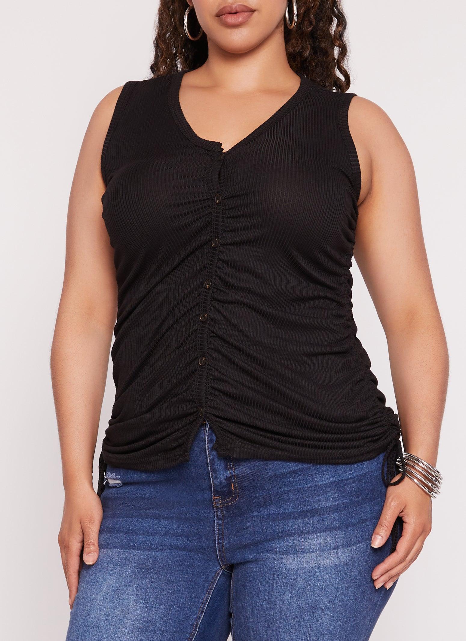 Womens Plus Size Rib Knit Ruched Side Button Front Tank Top Product Image