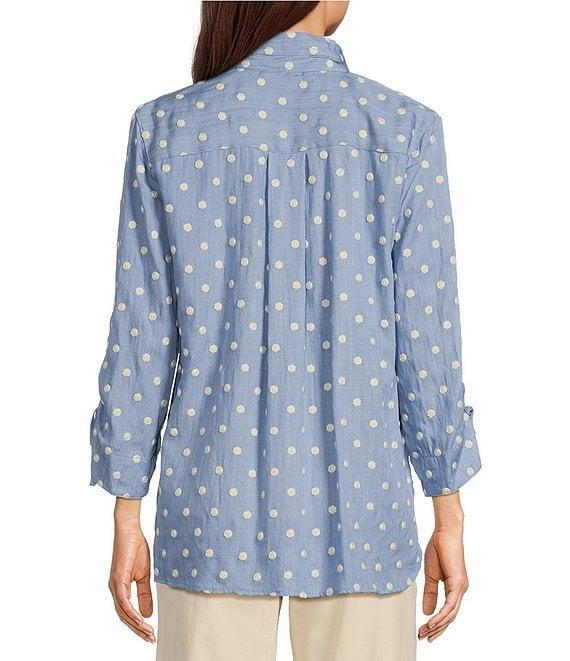 John Mark Petite Size Woven Embroidery Dot Wire Collar 3/4 Ruched Cinched Tie Sleeve Button Front Blouse Product Image