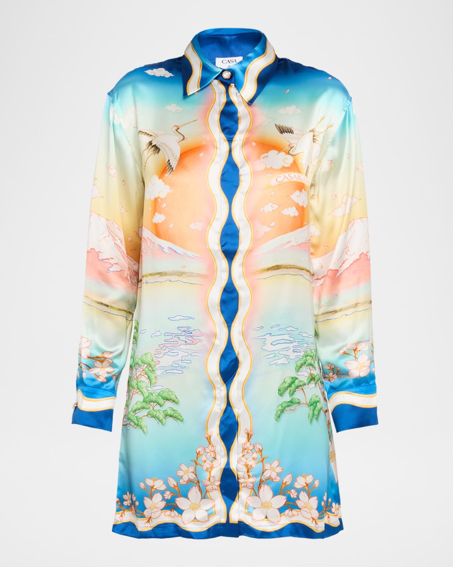 Printed Satin Long-Sleeve Mini Shirtdress Product Image