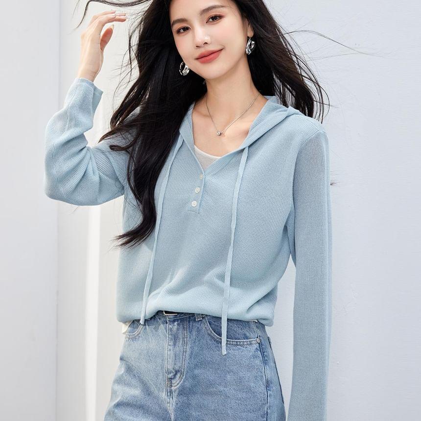 V-Neck Mock Two-Piece Two Tone Knit Hoodie Product Image