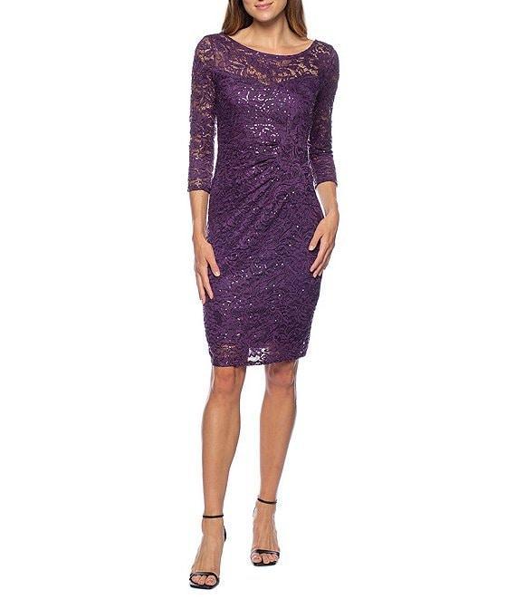 Marina Round Neck Ruched Side Sequin Lace 3/4 Sleeve Sheath Dress Product Image