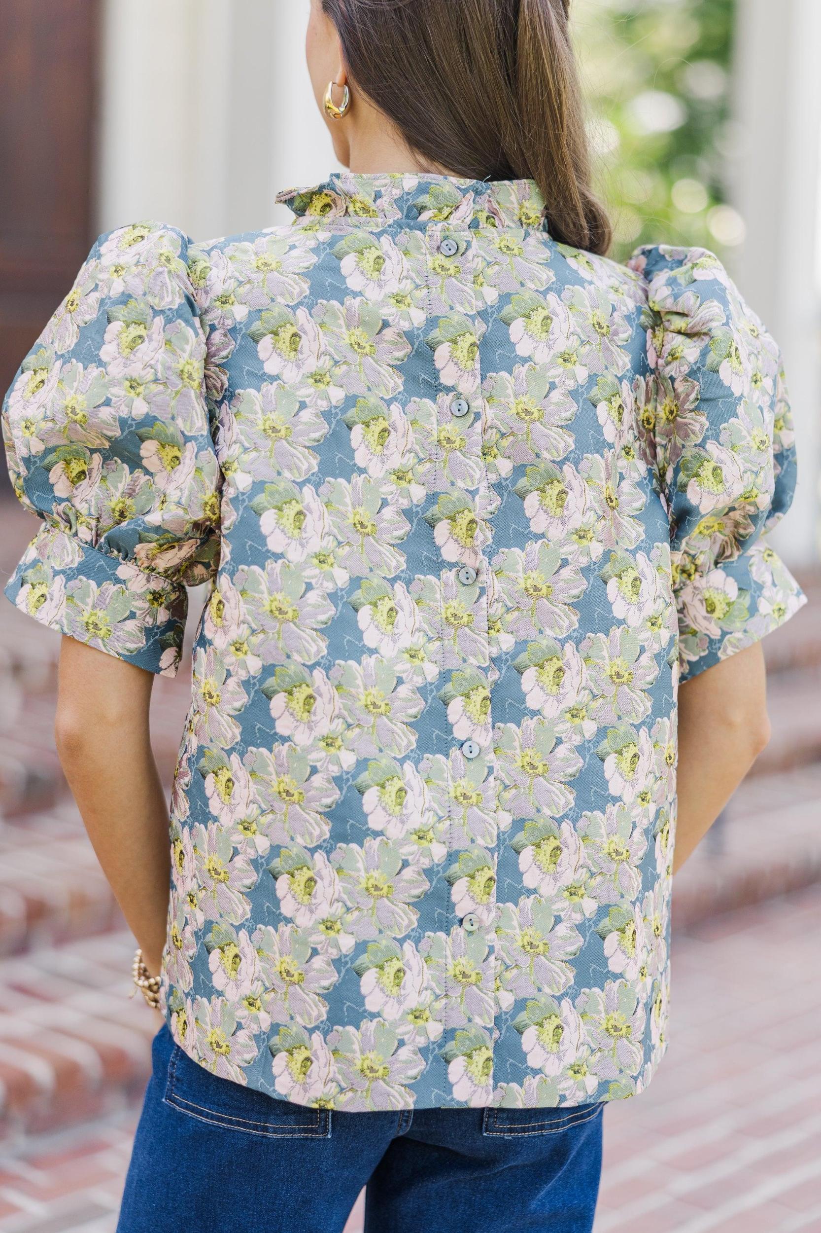 Say What You Need Slate Blue Floral Blouse Female Product Image