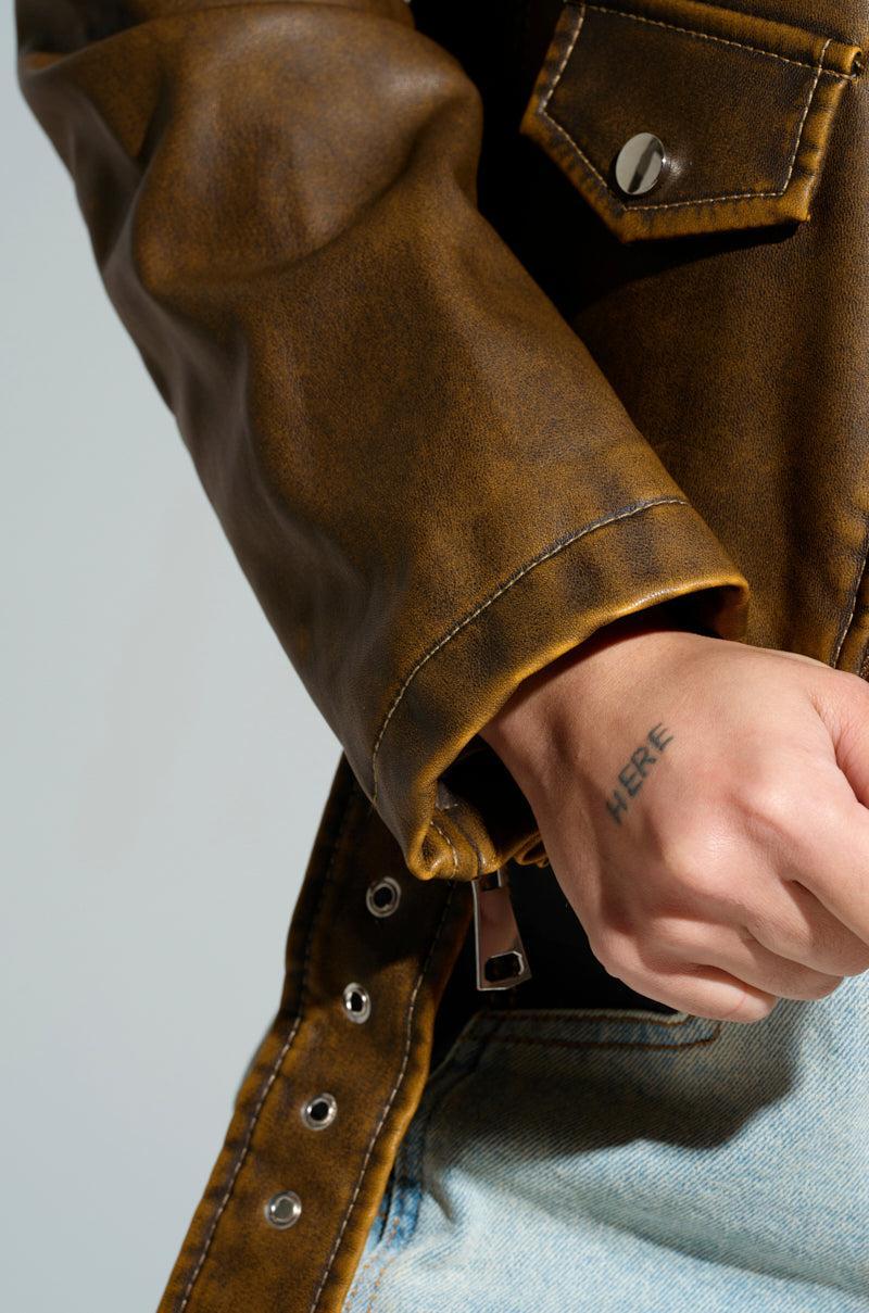 LOOKING FOR TROUBLE DISTRESSED MOTO IN BROWN Product Image