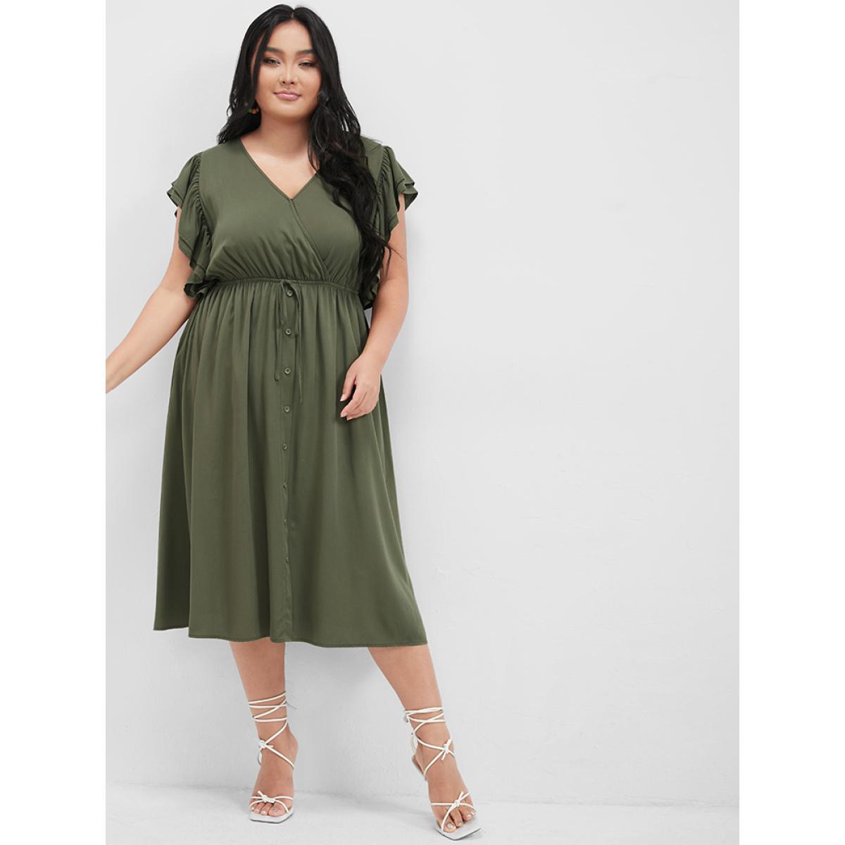 Plus Size Solid Ruffles Button Ties Pocket Midi Dress ArmyGreen Women Elegant Plain V-neck Cap Sleeve Curvy Knee Dress BloomChic 18-20/2X Product Image