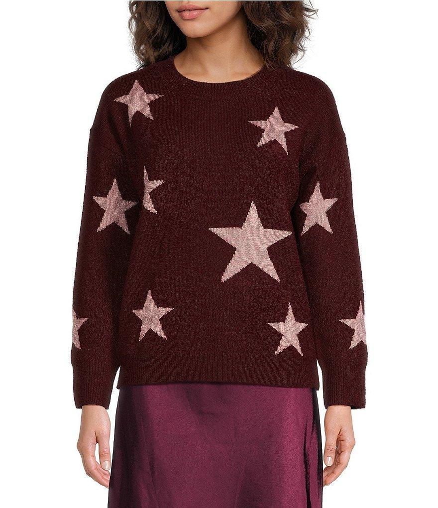 Skies Are Blue Lurex Star Print Crew Neck Long Sleeve Oversized Sweater Product Image