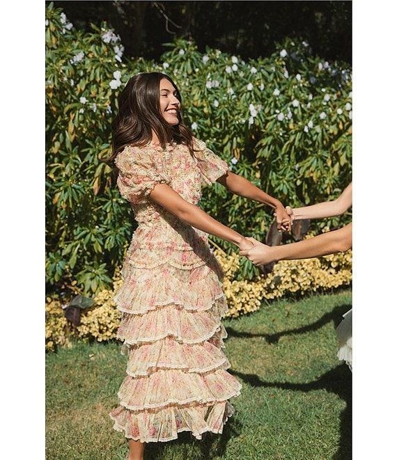 Mac Duggal Mesh Floral Print Mock Neck Short Sleeve Micro Ruffle A-Line Midi Dress Product Image